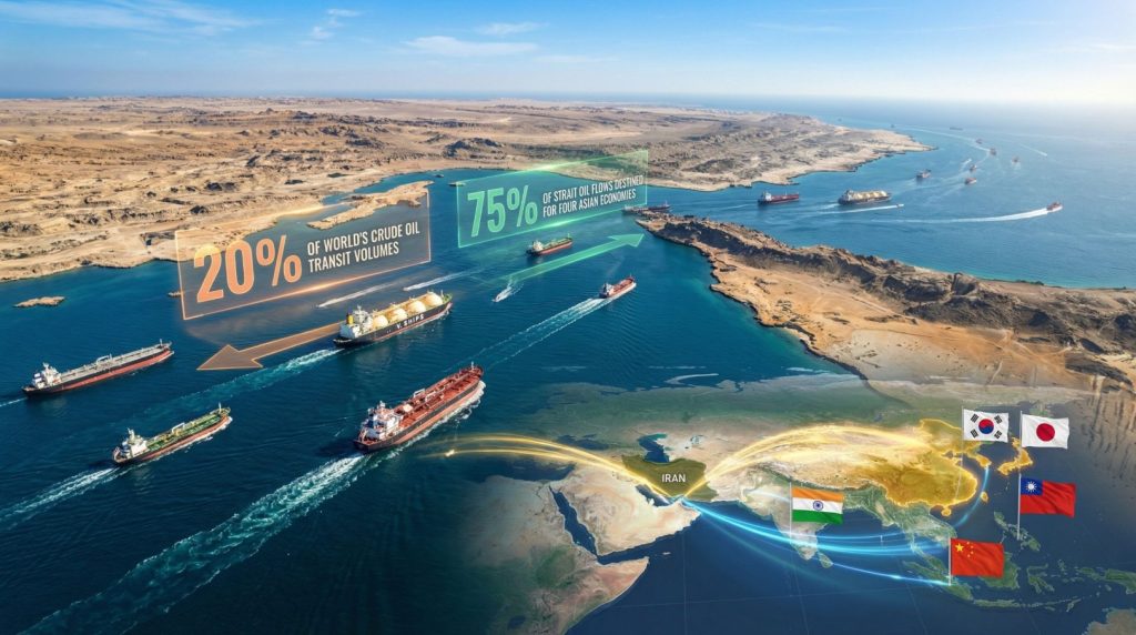 Aerial view of the Strait of Hormuz showing 20% of world crude oil transit and 75% destined for Asian economies