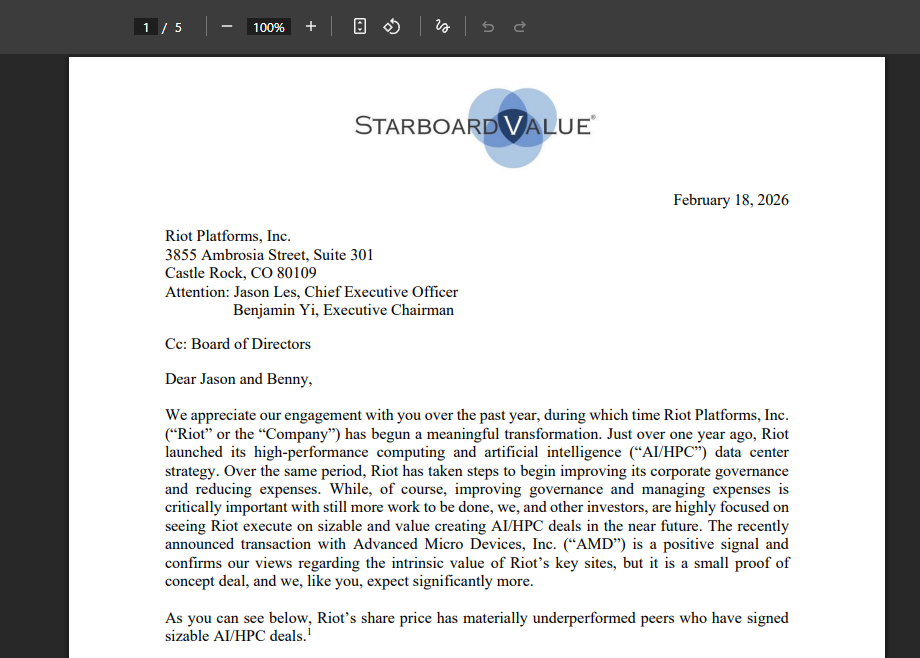 Starboard Value letter to Riot Platforms CEO, February 18 2026