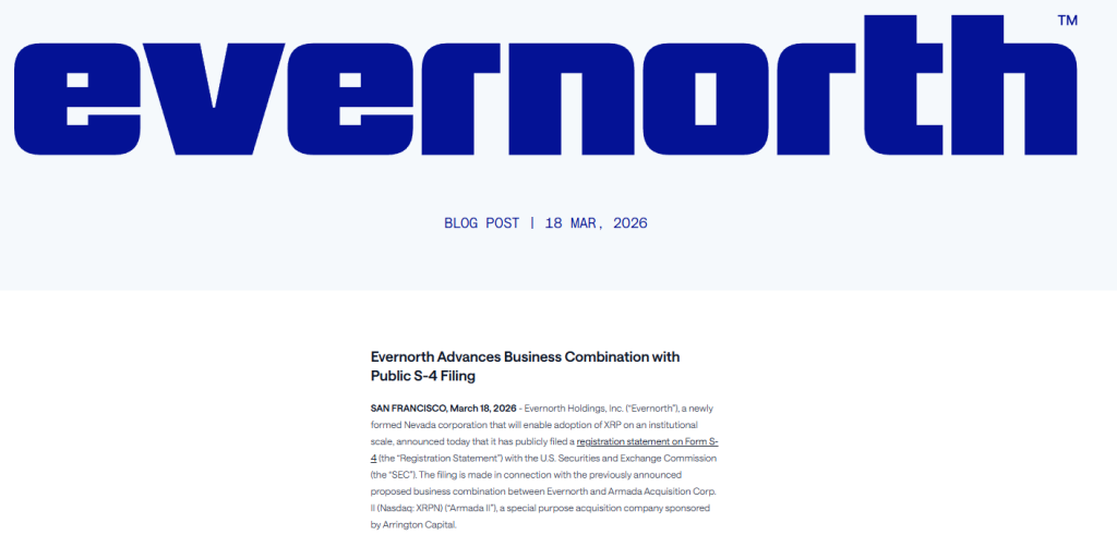Evernorth blog post from March 18, 2026 showing the S-4 filing announcement header Evernorth's XRP Nasdaq filing