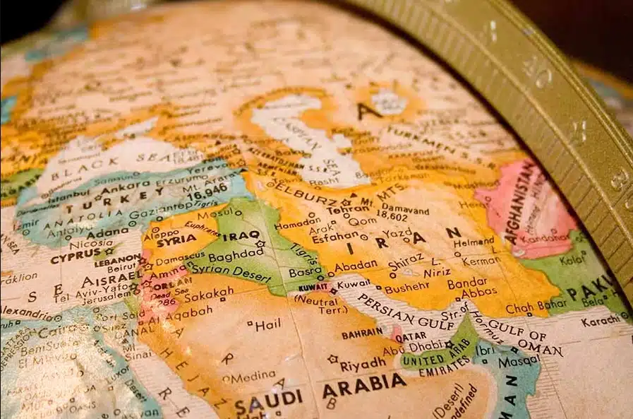 World map with Iran and Strait of Hormuz in the focus