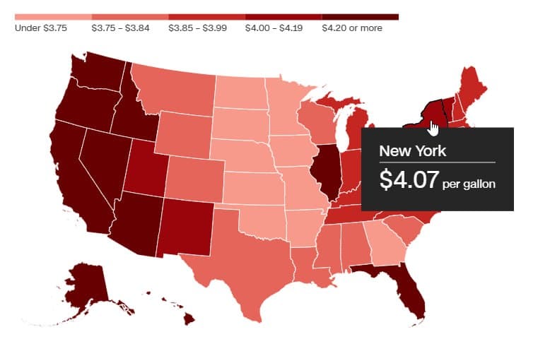 U.S. state-by-state gas prices map, April 6, 2026