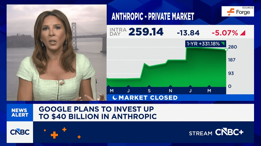 CNBC news screenshot about Google Anthropic investment