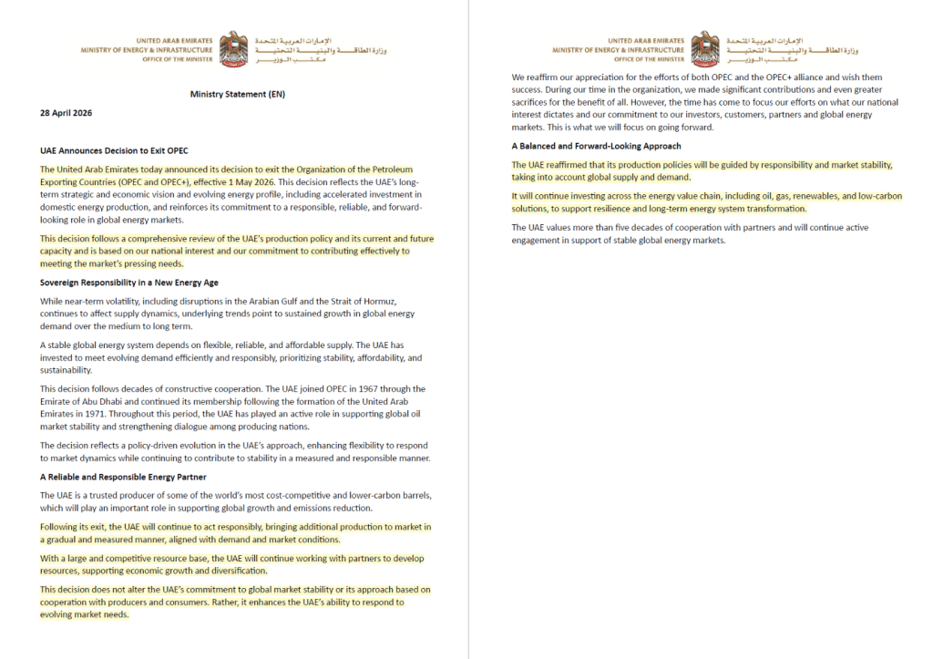 UAE leaving OPEC official ministry statement