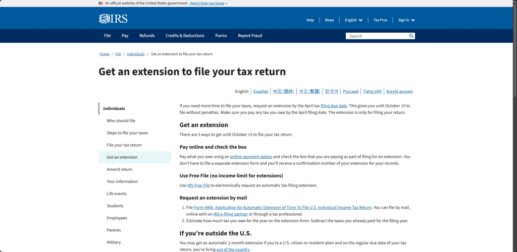IRS tax extension for tax returns