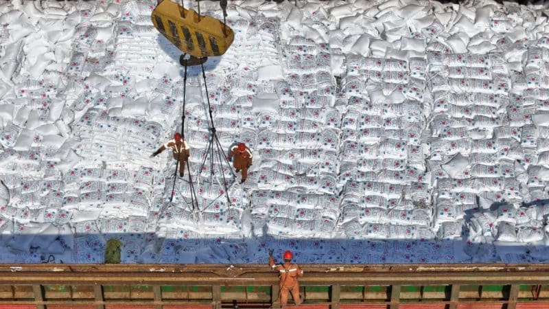 Urea fertilizer stockpile at port as fertilizer prices double and supply constraints drive food inflation concerns