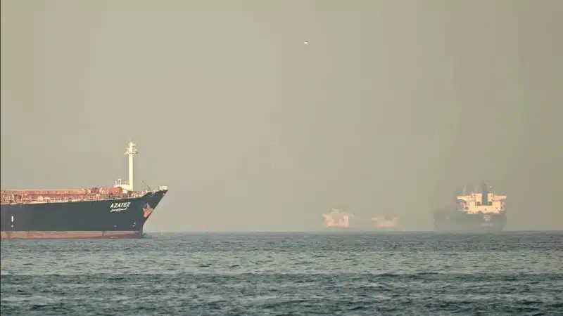 Cargo ships and tankers in the Strait of Hormuz in February