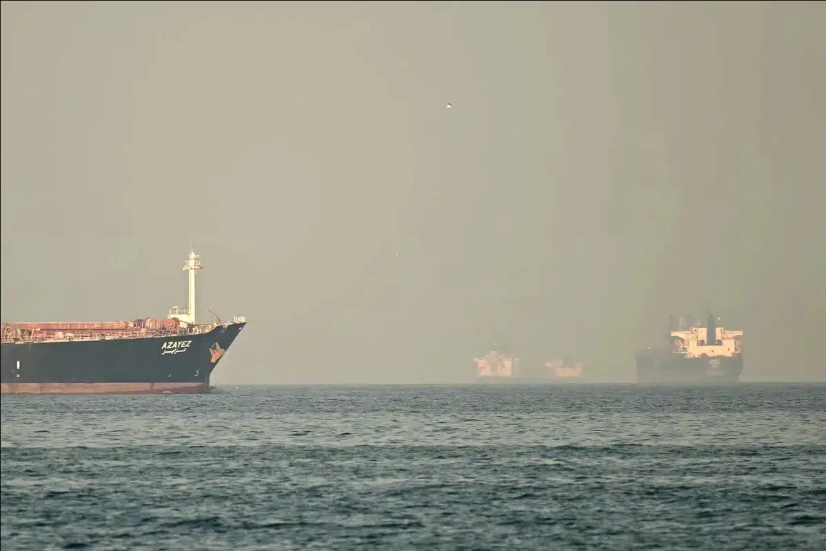 Cargo ships and tankers in the Strait of Hormuz in February