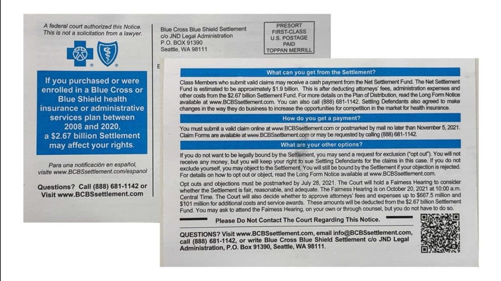 Both sides of the official BCBS settlement notice postcard from JND Legal Administration, showing settlement eligibility details and contact information for the $2.67 billion BCBS settlement payout