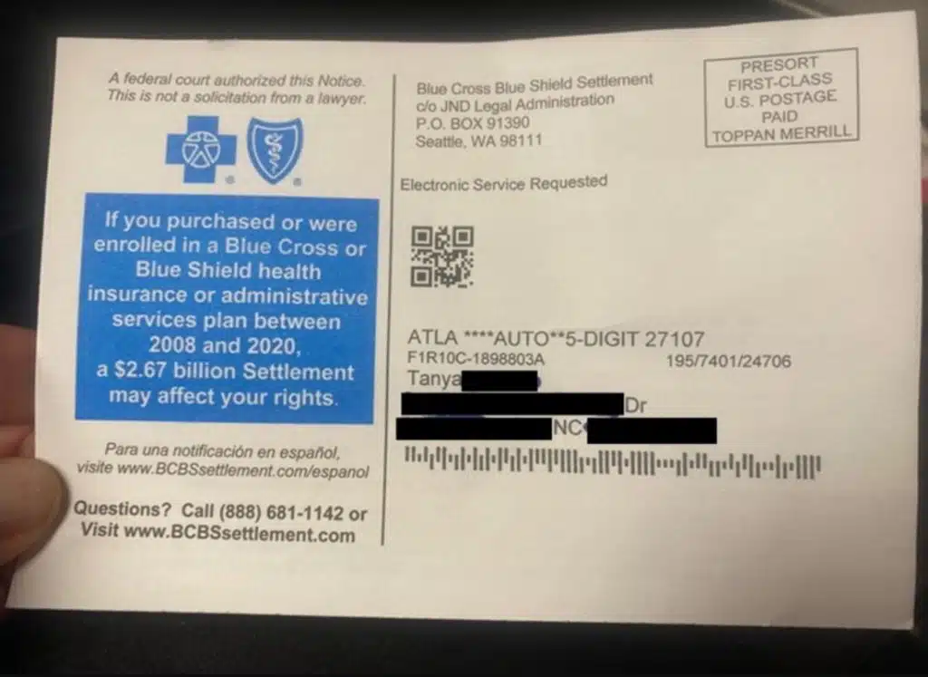 Official BCBS settlement notice postcard sent by JND Legal Administration to eligible claimants, the same mailer being sent to 6 million Americans as part of the $2.67 billion health insurance settlement payout process