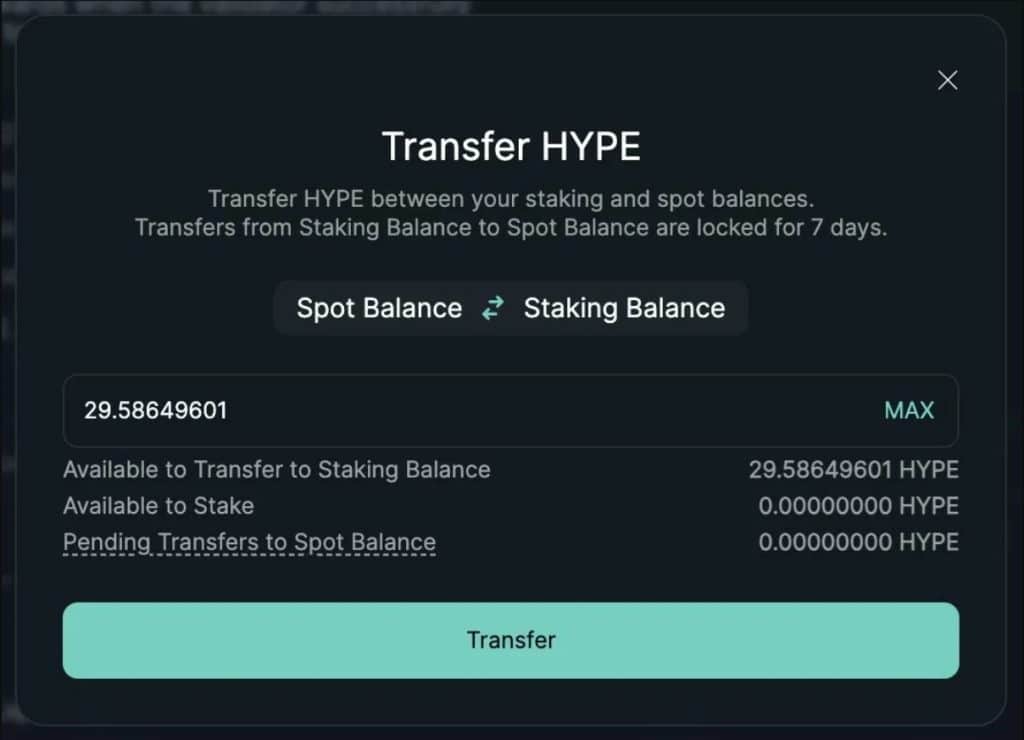 Transfer HYPE: Spot Balance to Staking Balance interface showing 7-day unstaking delay