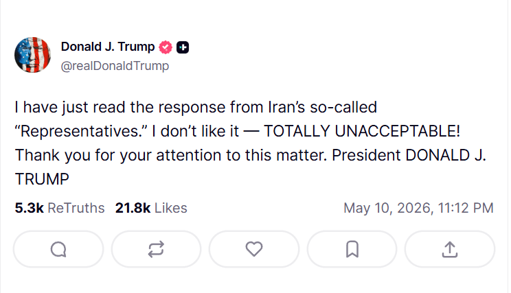 Trump's Truth Social post calling Iran's response "TOTALLY UNACCEPTABLE"