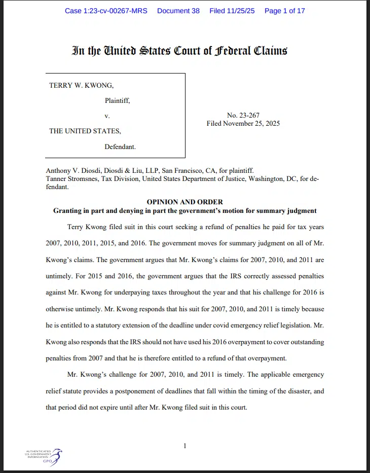 Court of Federal Claims document cover page from the Kwong v. United States case, the ruling behind the COVID tax refund claims