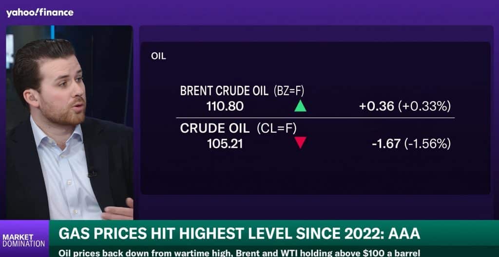 Yahoo Finance 5-day Brent and WTI performance chart showing WTI up 9.12% over the week, with sharp mid-week volatility around ceasefire news