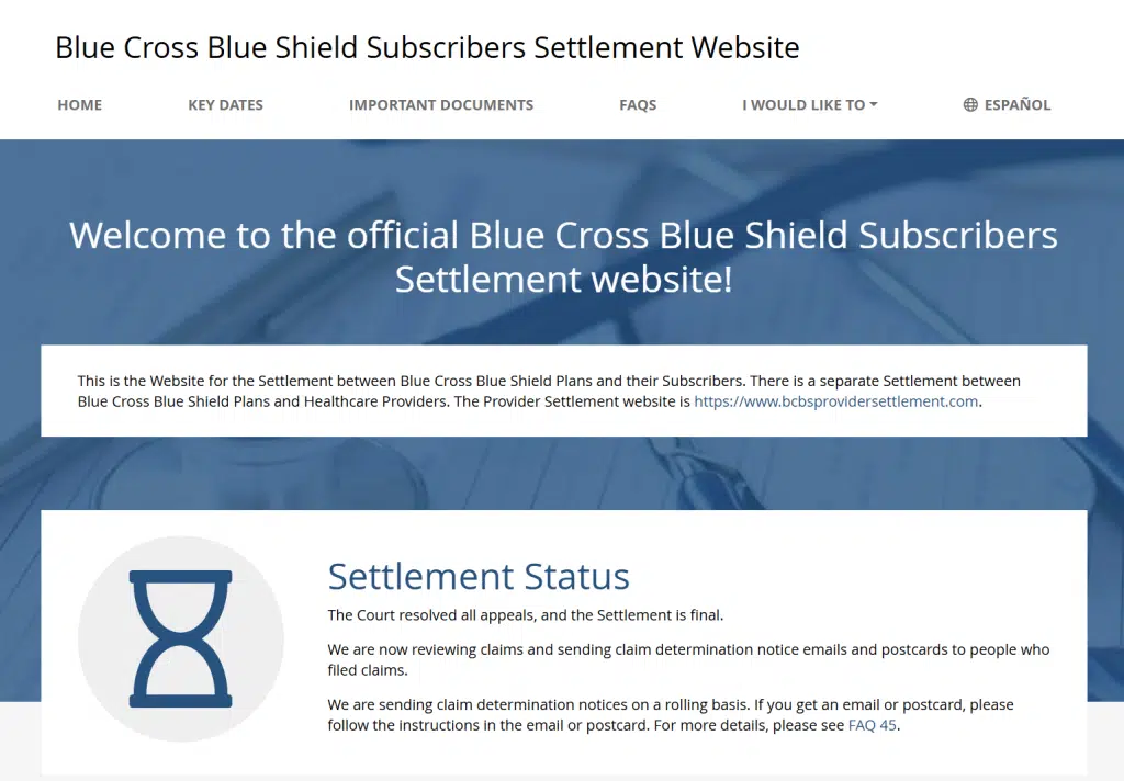 Official Blue Cross Blue Shield Subscribers Settlement website homepage showing settlement status and payment timeline