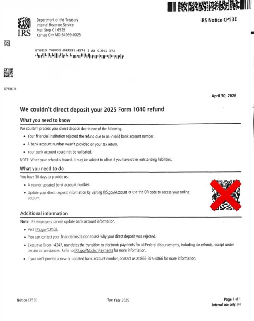 Scan of the real CP53E notice showing IRS direct deposit update instructions