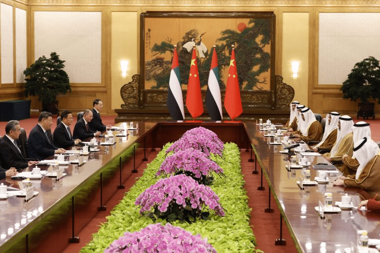 Chinese President Xi Jinping and UAE Crown Prince Sheikh Khaled bin Mohamed bin Zayed Al Nahyan in Beijing. 