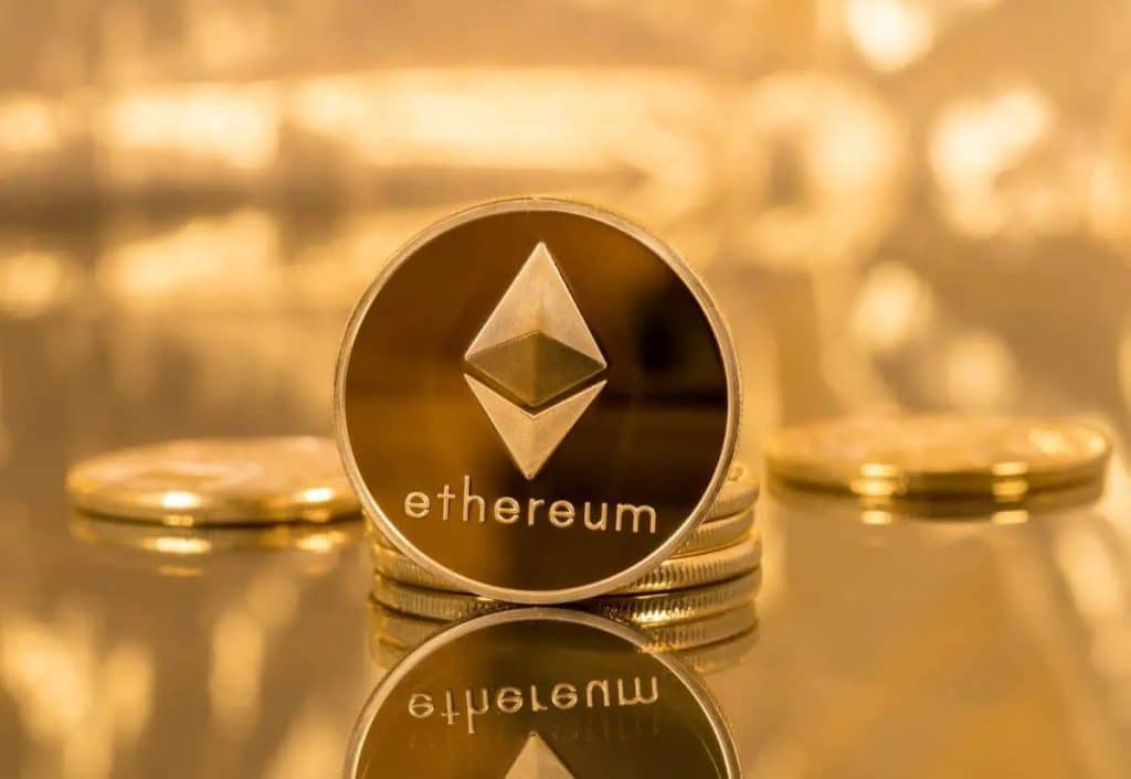 ETH coin with golden background