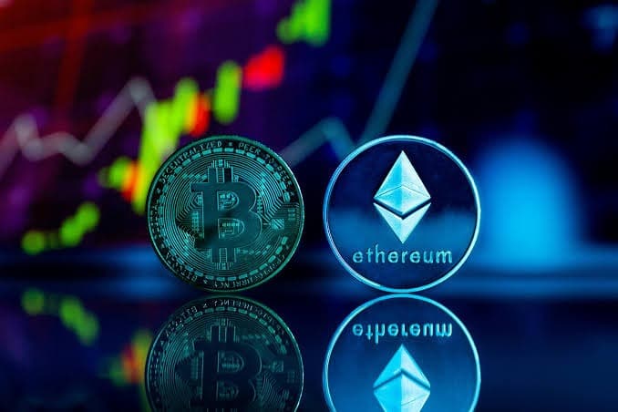 Bitcoin and Ethereum with a chart behind