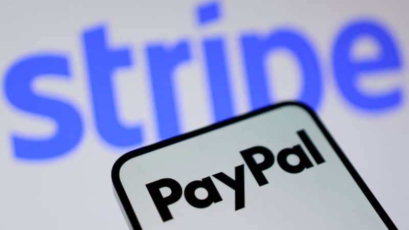PayPal Stripe acquisition showing the PayPal app with the Stripe logo, highlighting the Stripe PayPal deal, PYUSD stablecoin, stablecoin payments, and PayPal stock price.