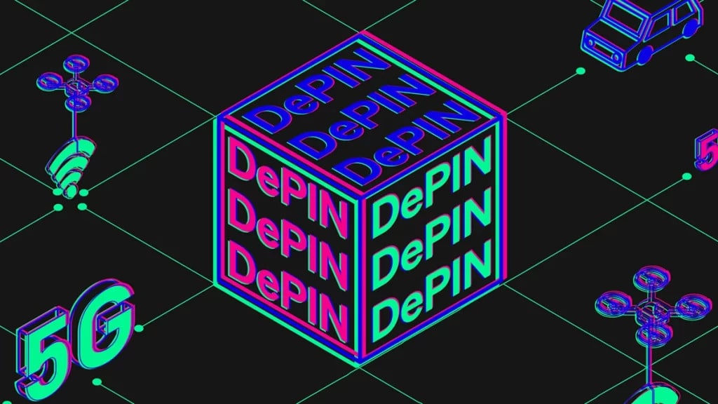 Illustration explaining what is DePIN, featuring a DePIN cube with 5G, wireless, and IoT icons representing DePIN crypto, decentralized infrastructure crypto, DePIN projects, and the DePIN meaning