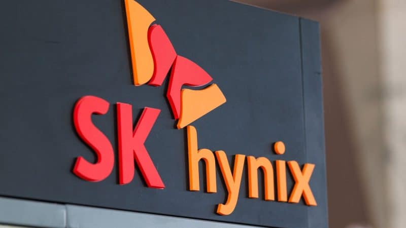 SK Hynix stock company building logo as AI stocks and Samsung stock decline.