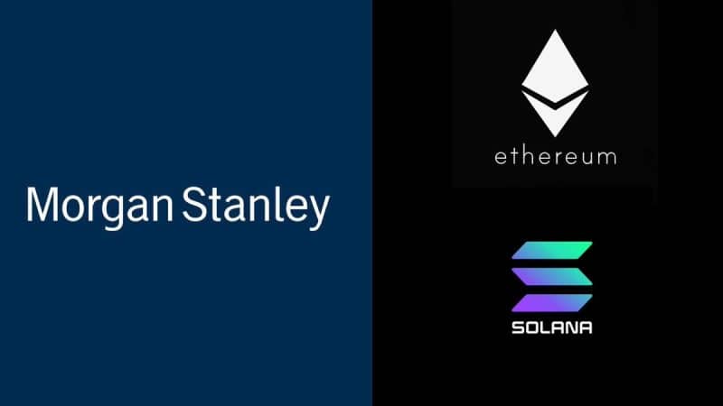 Morgan Stanley, Ethereum, and Solana logos representing Morgan Stanley ETH and SOL ETFs and Wall Street crypto ETF