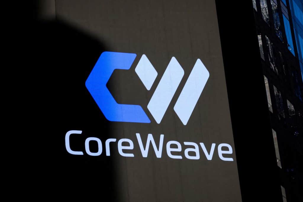 CoreWeave AI data center stock logo on a blue black background