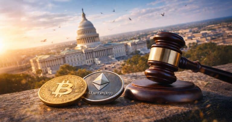 Crypto regulation 2026 image showing Bitcoin Ethereum coins and judge gavel before US Capitol highlighting CLARITY Act Senate Trump crypto ethics XRP CLARITY Act and CLARITY Act vote