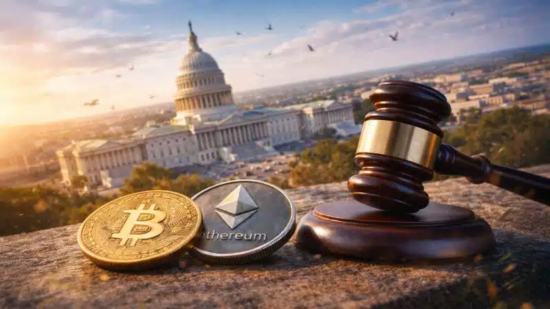 Crypto regulation 2026 image showing Bitcoin Ethereum coins and judge gavel before US Capitol highlighting CLARITY Act Senate Trump crypto ethics XRP CLARITY Act and CLARITY Act vote