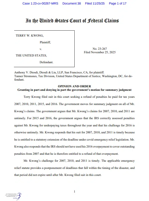 Kwong v. United States, No. 23-267, Opinion and Order, U.S. Court of Federal Claims