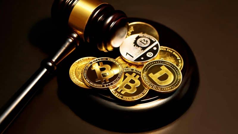 Image of a judge's gavel and cryptocurrency coins representing CLARITY Act, Christopher Giancarlo, CLARITY Act Senate vote, CFTC crypto regulation, and US crypto legislation.