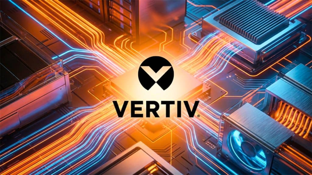 Vertiv AI company logo on an orange and blue background