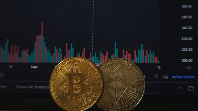 Bitcoin and Ethereum price chart with Bitcoin and Ethereum coins highlighting Big Tech AI spending, AI infrastructure, AI data centers, and ETH treasury trends.