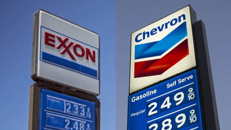 Trump calls out Chevron as Chevron and Exxon logos highlight Big Oil profits, oil prices, and gas prices.
