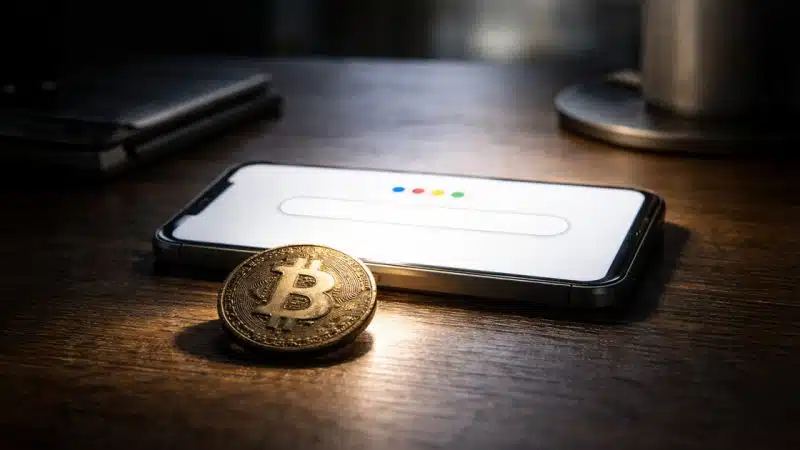 Bitcoin search interest on a mobile device alongside a Bitcoin coin highlighting Bitcoin price, Bitcoin treasury, and the Clarity Act debate