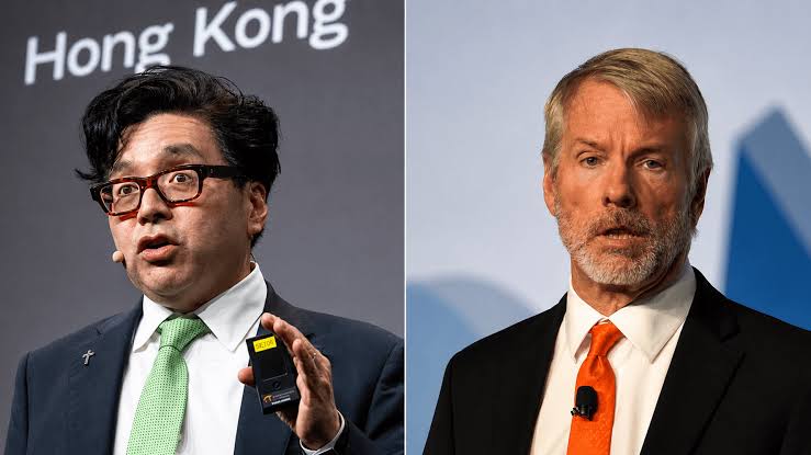 Michael Saylor representing Strategy Bitcoin holdings and Bitcoin price exposure alongside Tom Lee representing BitMine and its Ethereum treasury strategy, highlighting the Bitcoin price and Ethereum price.