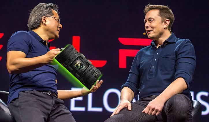 Image of Elon Musk and Nvidia CEO Jensen Huang as SpaceX stock gains attention after SpaceX earnings, Nvidia Blackwell powers SpaceX AI, and AMD stock declines.