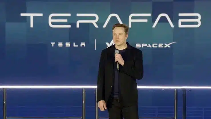 Elon Musk at a Tesla and SpaceX Terafab event amid Elon Musk Terafab Factory Construction and plans for a semiconductor factory in Texas.