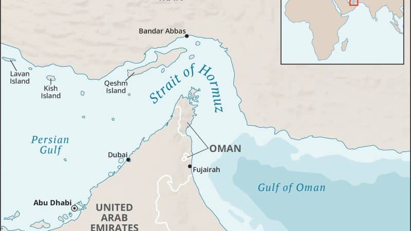 Strait of Hormuz map showing Iran, Oman, UAE and key locations as Brent crude price rises amid Iran Oman deal and Hormuz uncertainty.
