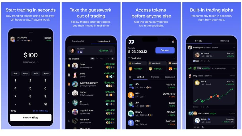 Fomo trading app interface showing social crypto trading, crypto trading features, cross-chain crypto trading, real-time trader activity, token discovery, leaderboards, and portfolio tracking.